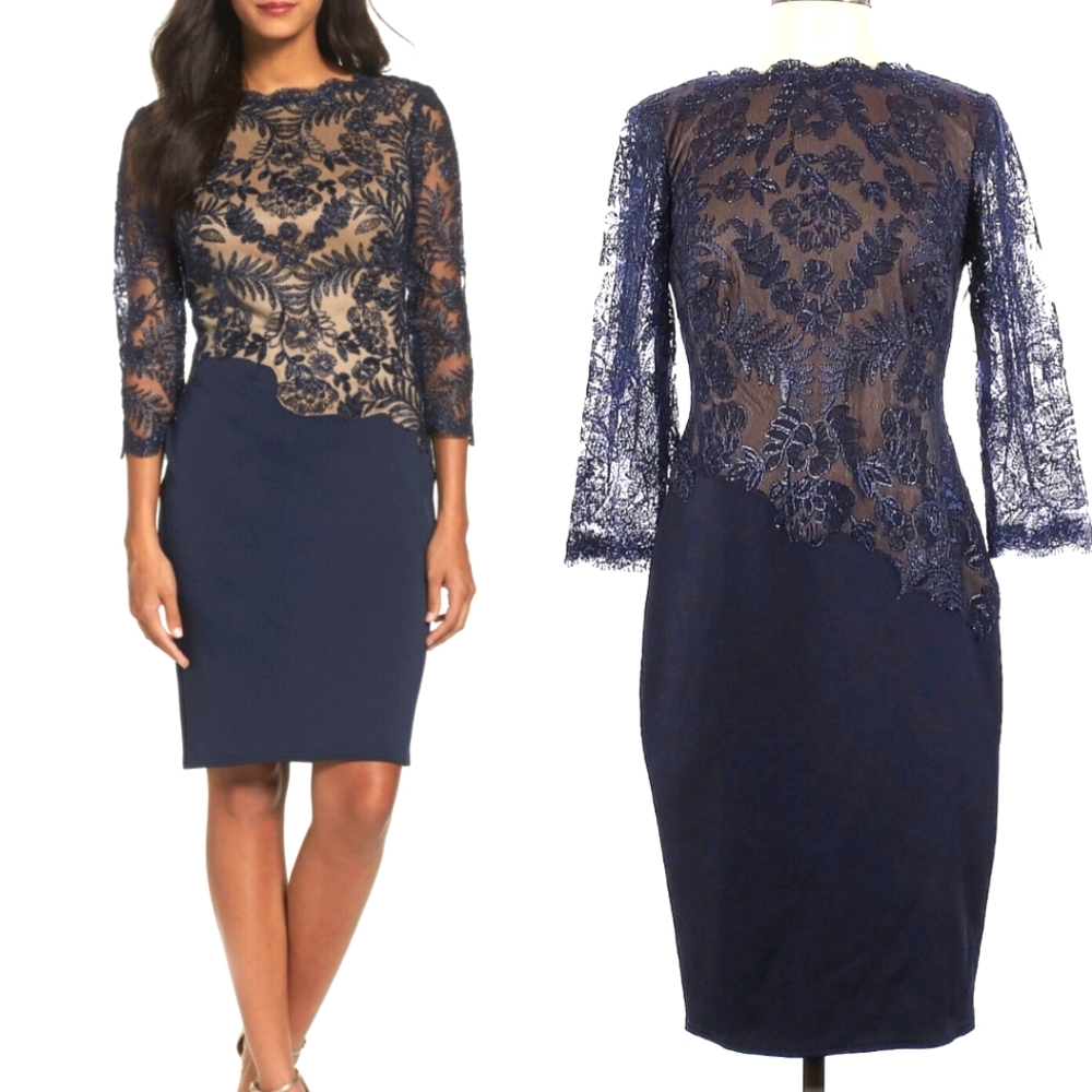 Tadashi Shoji Navy Embroidered Floral Lace Illusion Sheath Dress